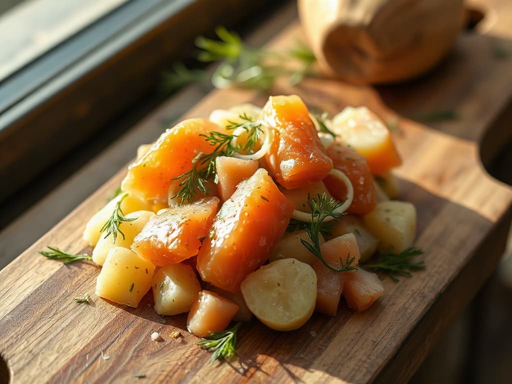 Schaal aardappel-zalmsalade met gerookte zalm, dille en citroen, klaar voor de picknick.