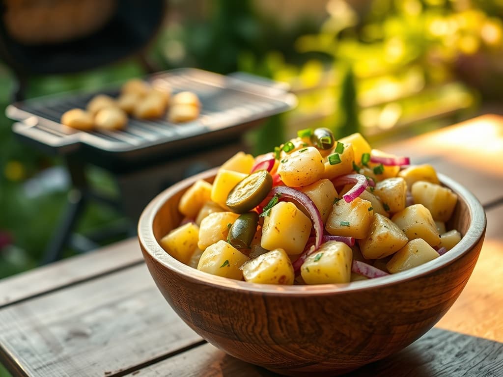 Schaal Mokum-aardappelsalade met augurk, mosterd en bieslook, klaar voor de barbecue.