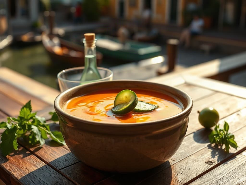 Kom gazpacho met rode paprika en komkommer, koud geserveerd met een scheut olijfolie.