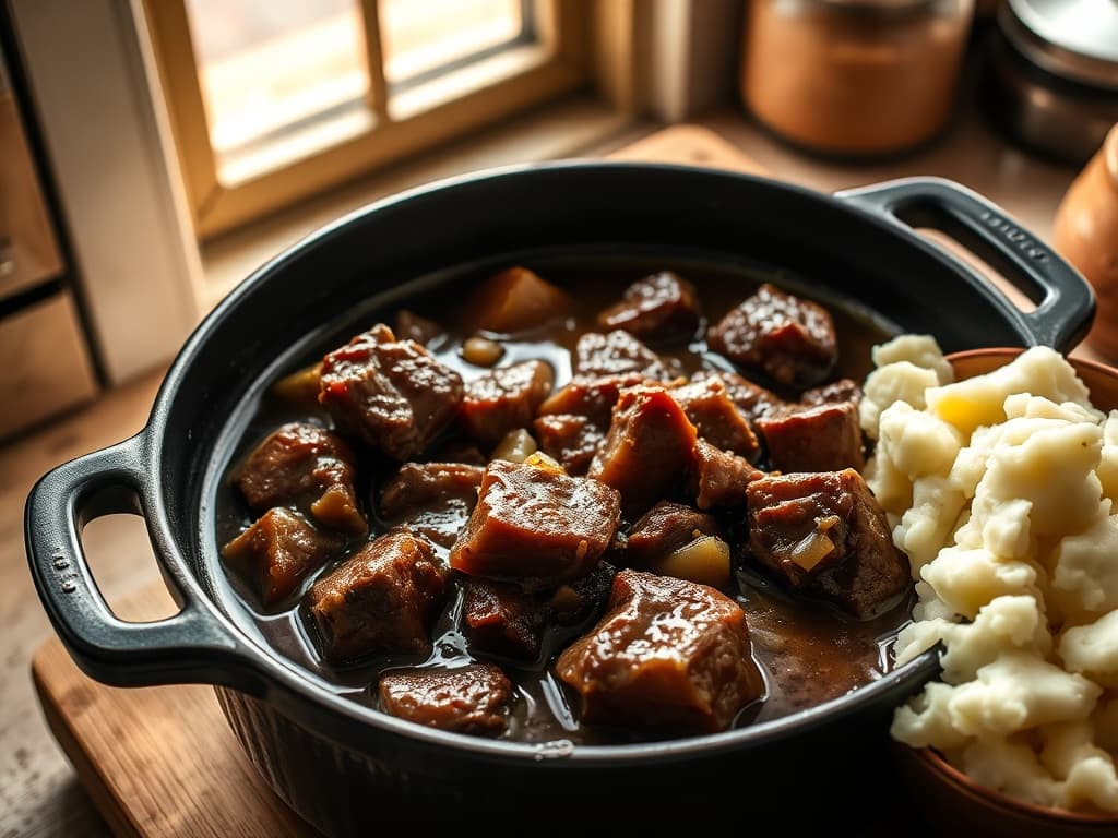 Pannen hachee met donkere jus, dampend naast een schaal aardappelpuree.