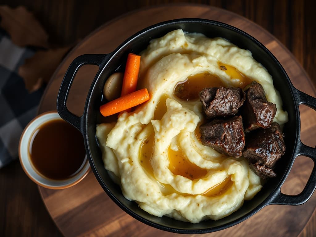 Pannen hutspot met jus, serveren op een houten plank.