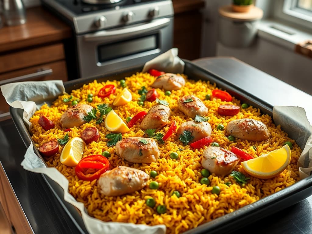 Ovenschaal tray-paella met kip, chorizo en gele rijst, dampend uit de oven.